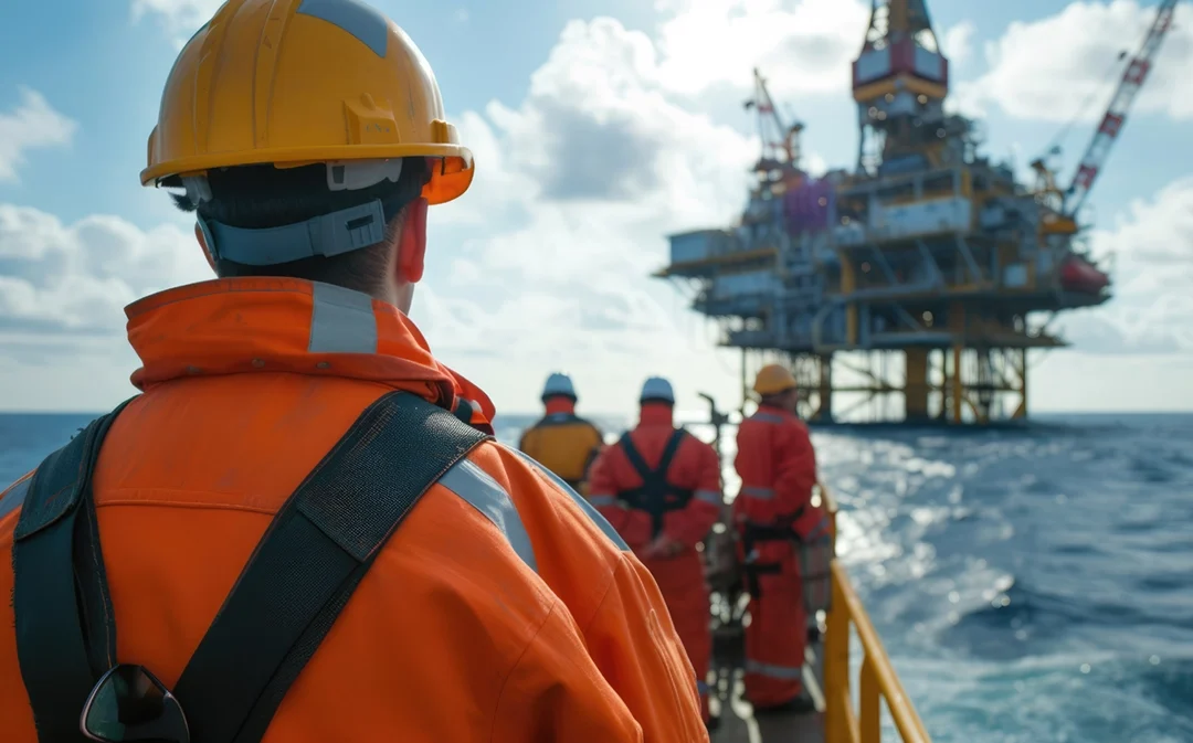 Back shot of worker on a boat carrying them to work on an oil rig out at sea.