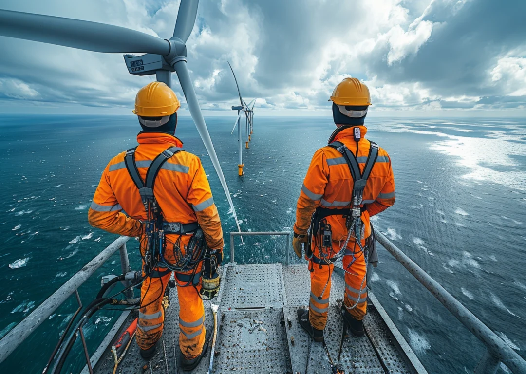 Two men facing out to sea on top of an offshore wind turbine.