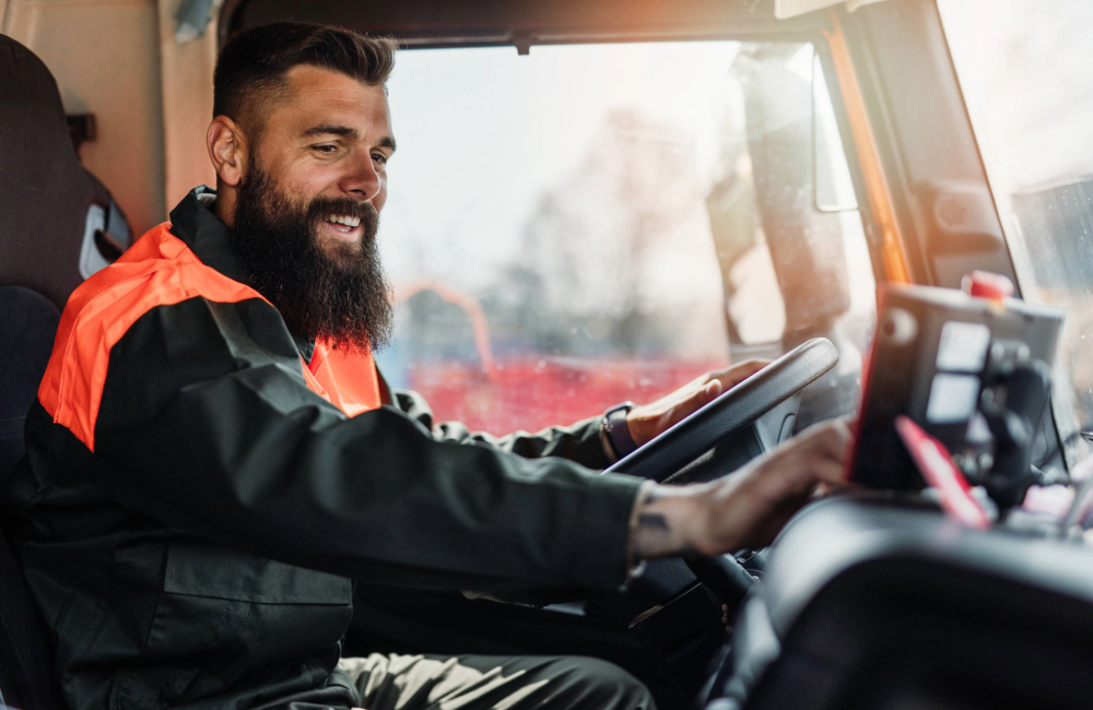 An HGV driver wearing company overalls plans his route on a sat-nav.